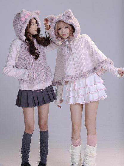 Evil Tooth Pink Leopard Cat Ear Knit Hooded Women&