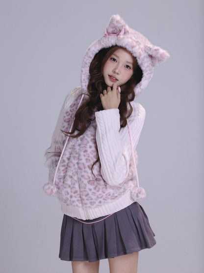 Evil Tooth Pink Leopard Cat Ear Knit Hooded Women&