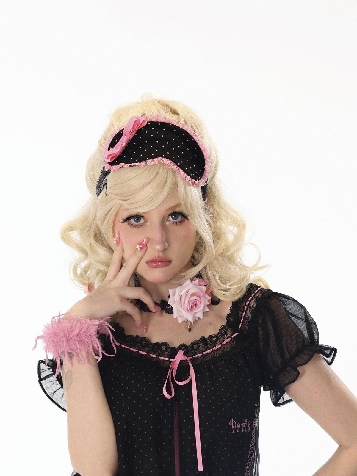 Evil Tooth Polka Dot Colorblock Eye Mask Lace Bow Women&