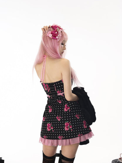 Evil Tooth Polka Dot Rose Print Vintage Slim Fit Cotton Women&