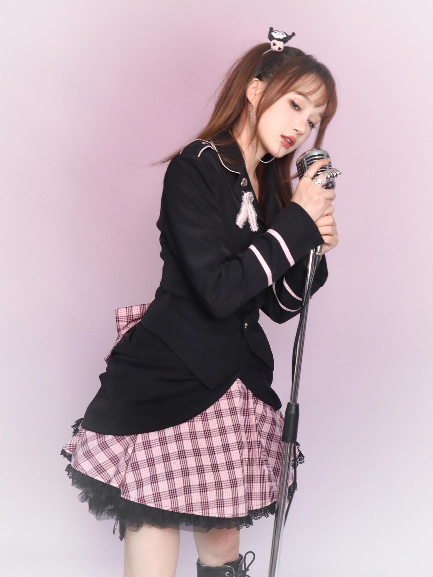 Evil Tooth Puffy Plaid Bow Button High Waisted Women&