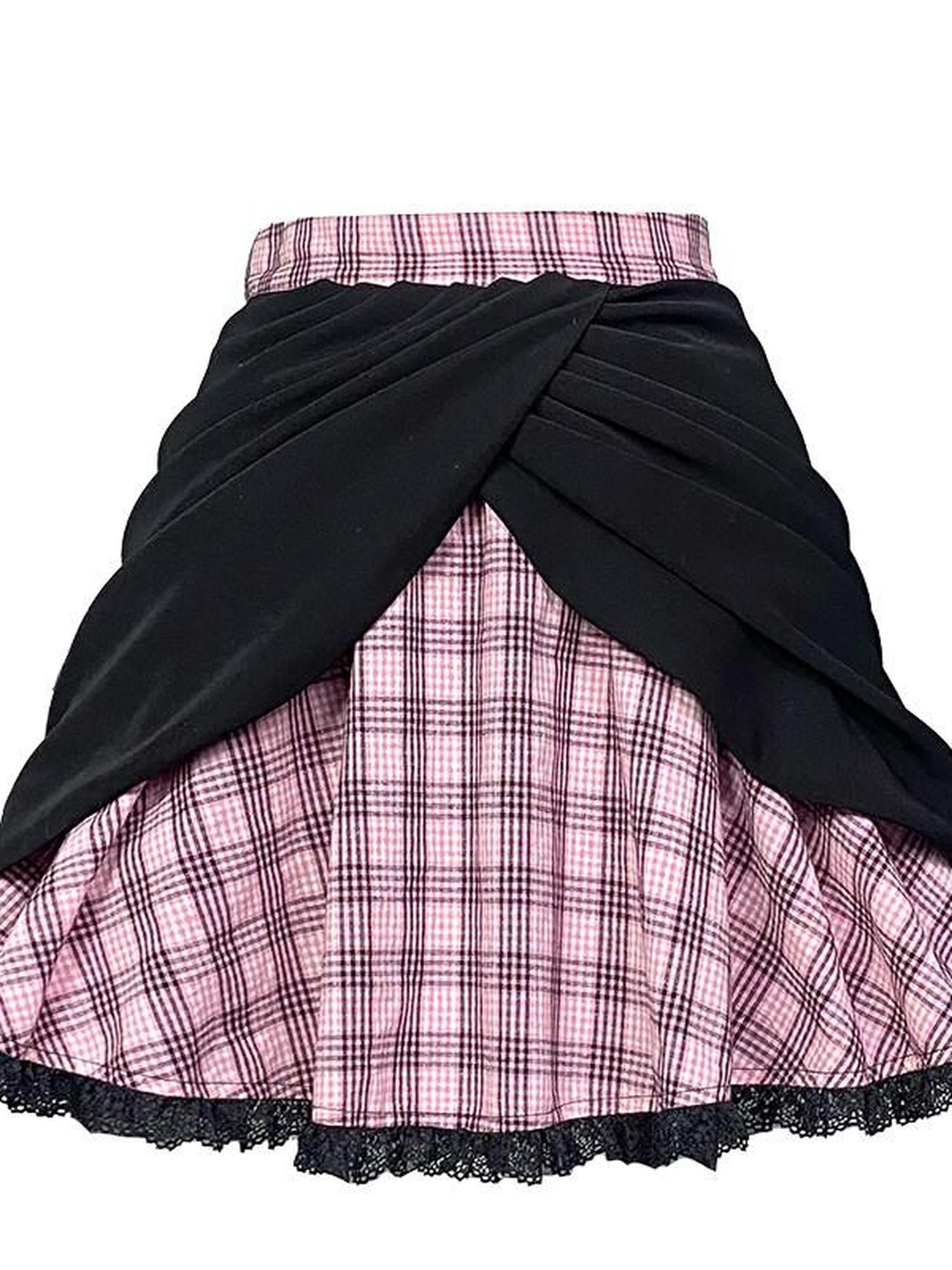 Evil Tooth Puffy Plaid Bow Button High Waisted Women&