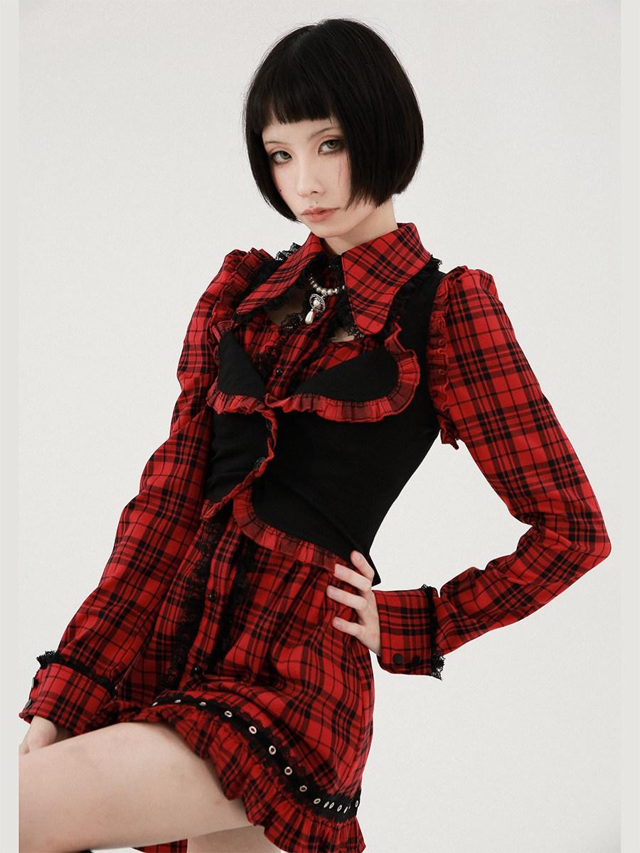 Evil Tooth Punk Red Plaid Cutout Studded Women&