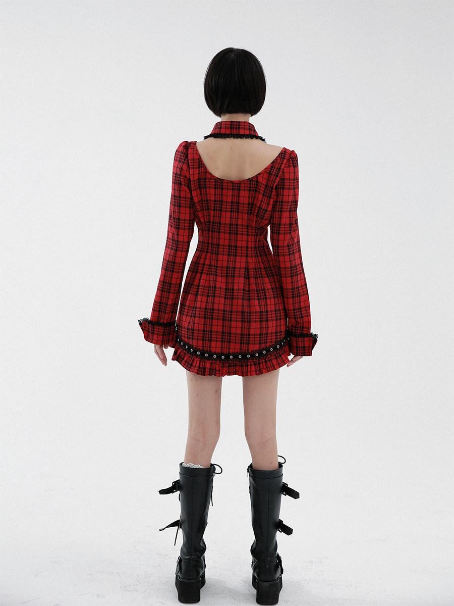 Evil Tooth Punk Red Plaid Cutout Studded Women&