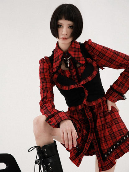 Evil Tooth Punk Red Plaid Cutout Studded Women&