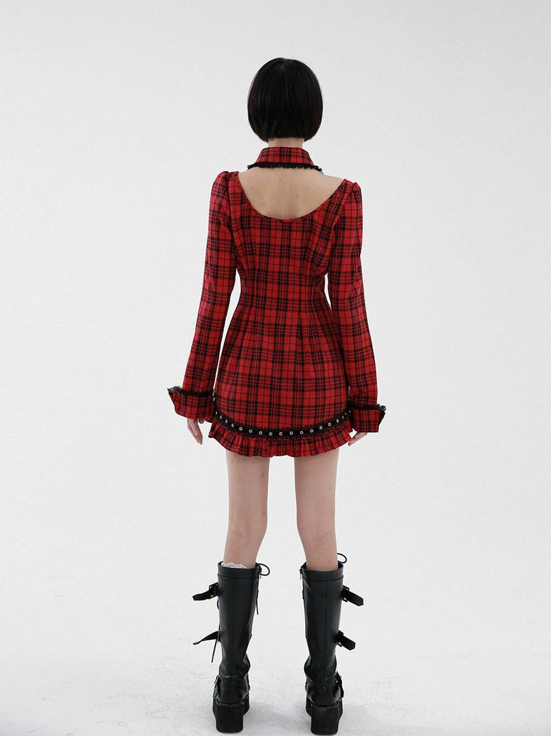 Evil Tooth Punk Red Plaid Cutout Studded Women&