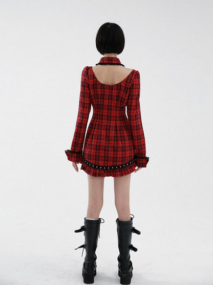 Evil Tooth Punk Red Plaid Cutout Studded Women&