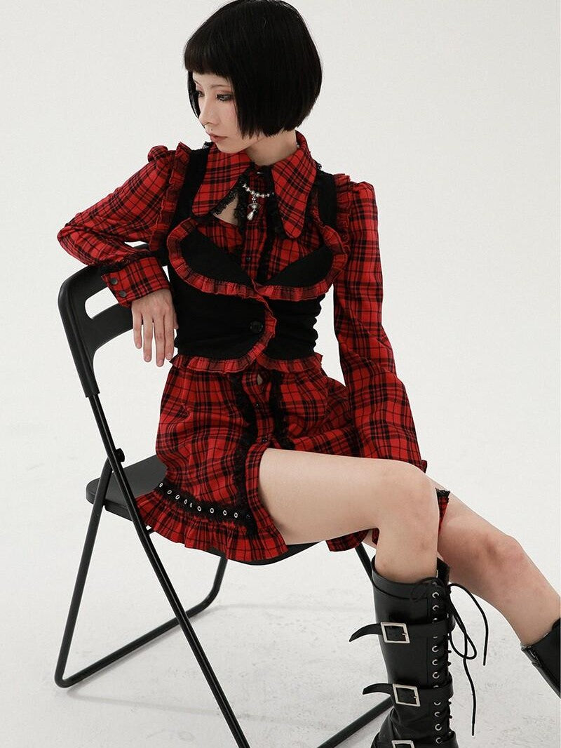 Evil Tooth Punk Red Plaid Cutout Studded Women&
