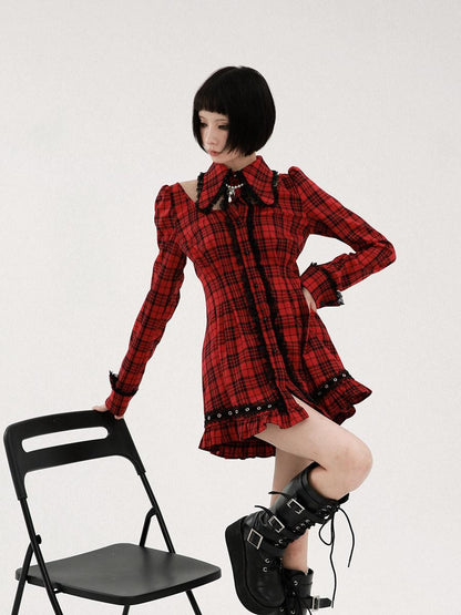 Evil Tooth Punk Red Plaid Cutout Studded Women&