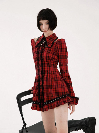 Evil Tooth Punk Red Plaid Cutout Studded Women&