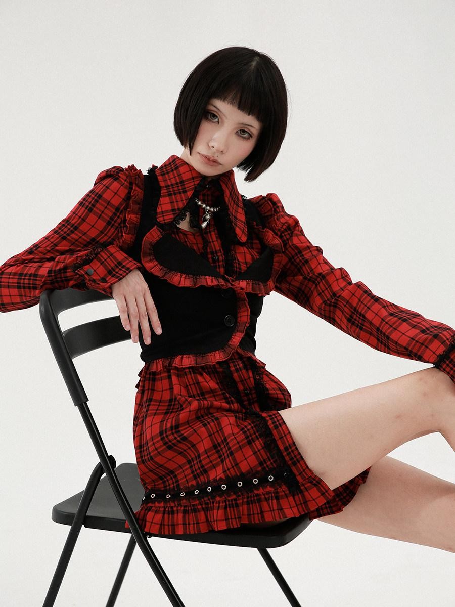 Evil Tooth Punk Red Plaid Cutout Studded Women&