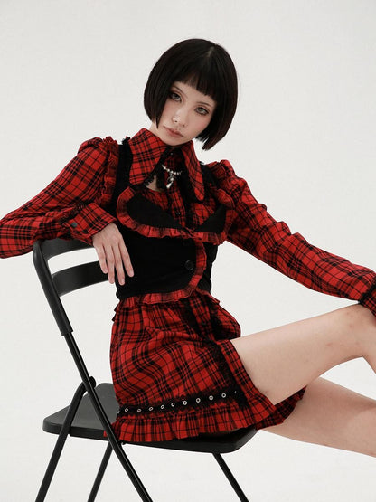 Evil Tooth Punk Red Plaid Cutout Studded Women&