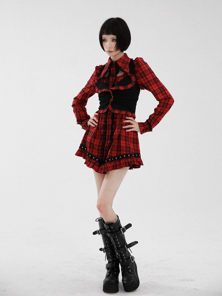 Evil Tooth Punk Red Plaid Cutout Studded Women&
