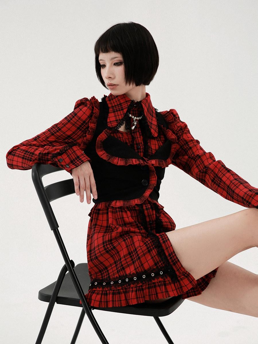 Evil Tooth Punk Red Plaid Cutout Studded Women&