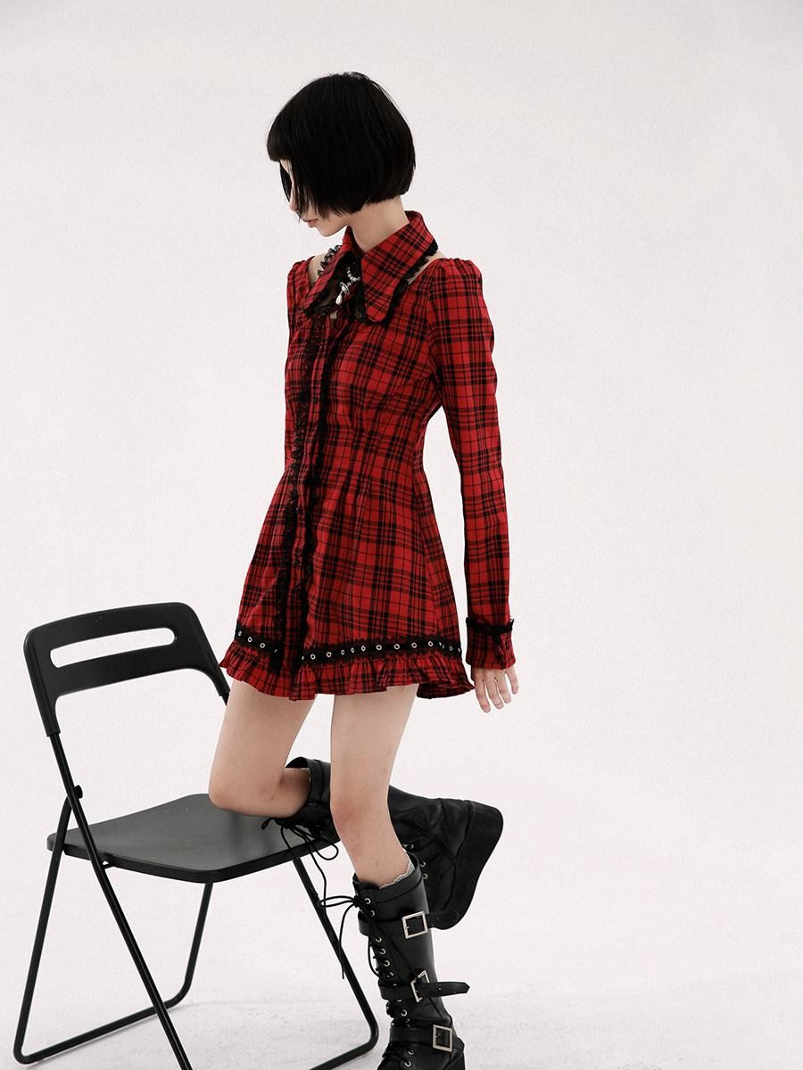 Evil Tooth Punk Red Plaid Cutout Studded Women&