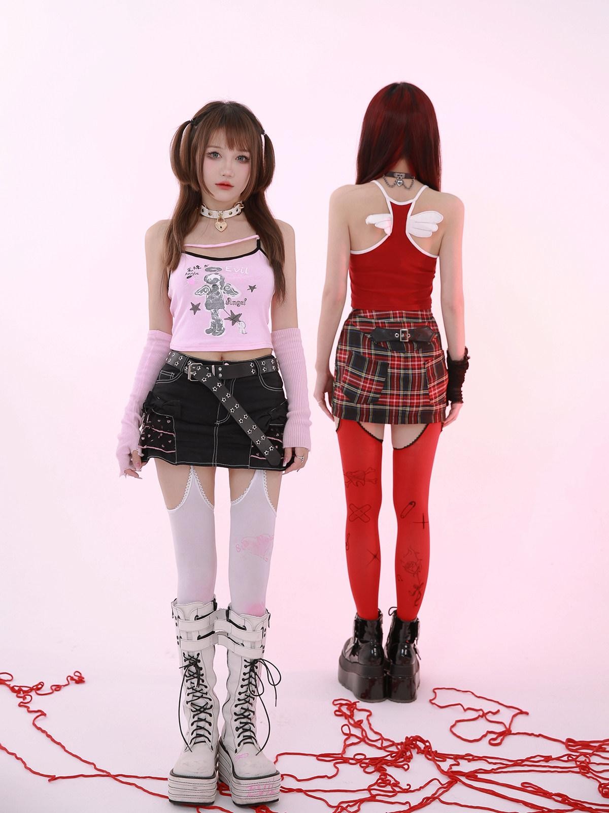 Evil Tooth Red Original Print Semi Sheer Thigh High Women&