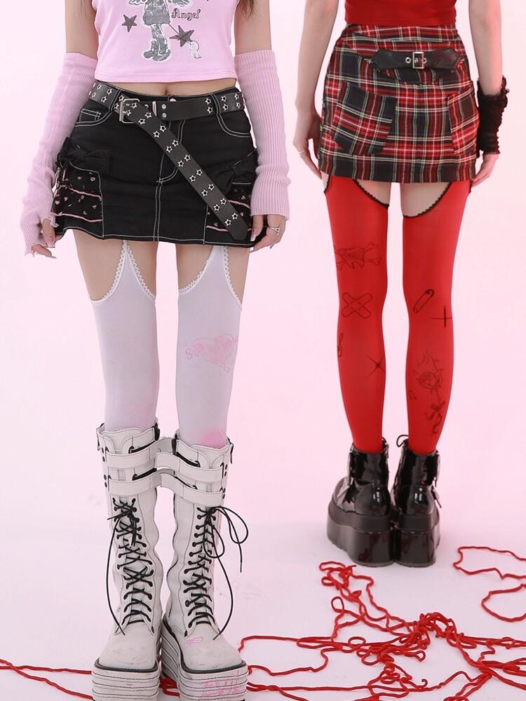 Evil Tooth Red Original Print Semi Sheer Thigh High Women&