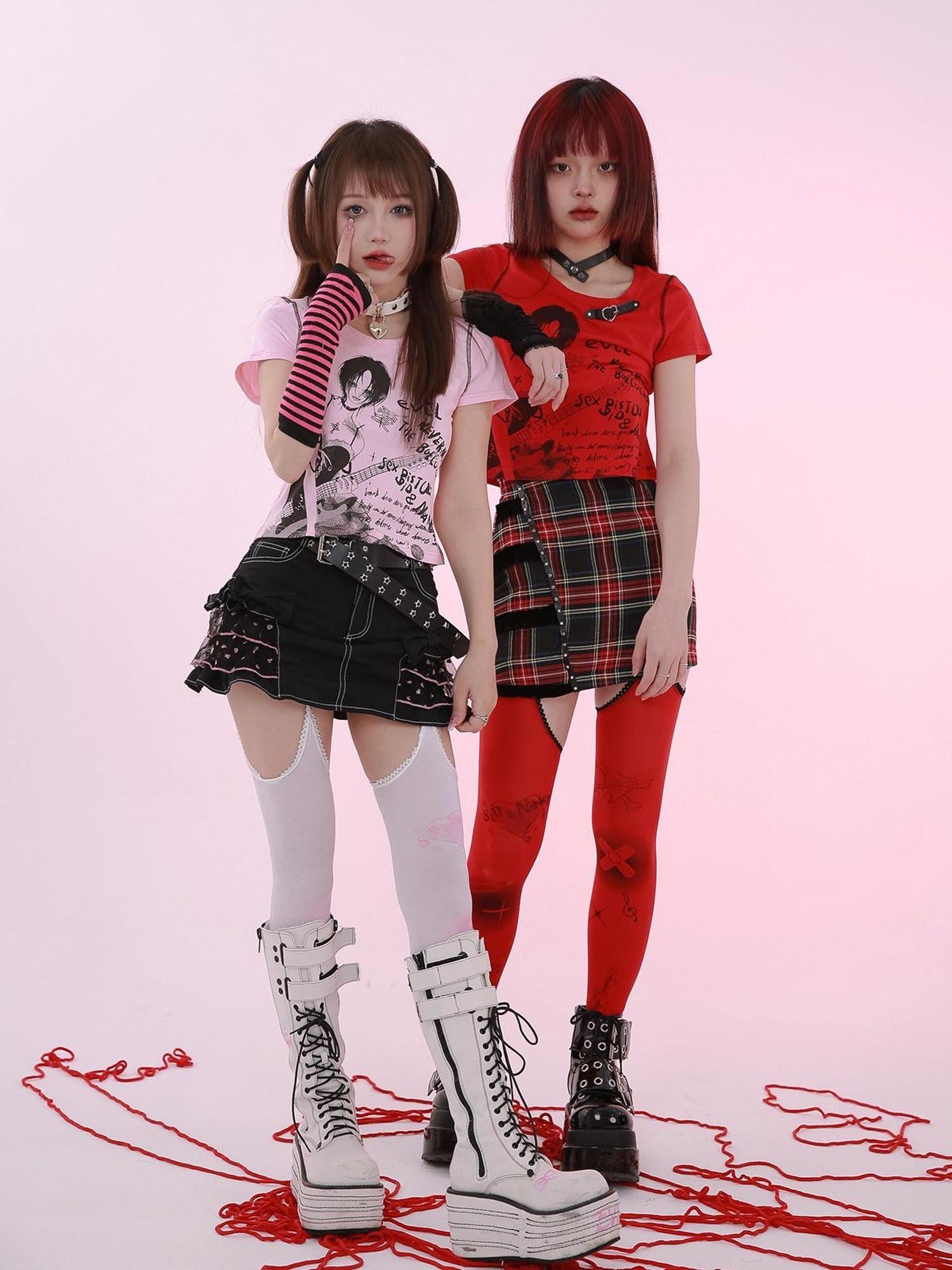 Evil Tooth Red Original Print Semi Sheer Thigh High Women&