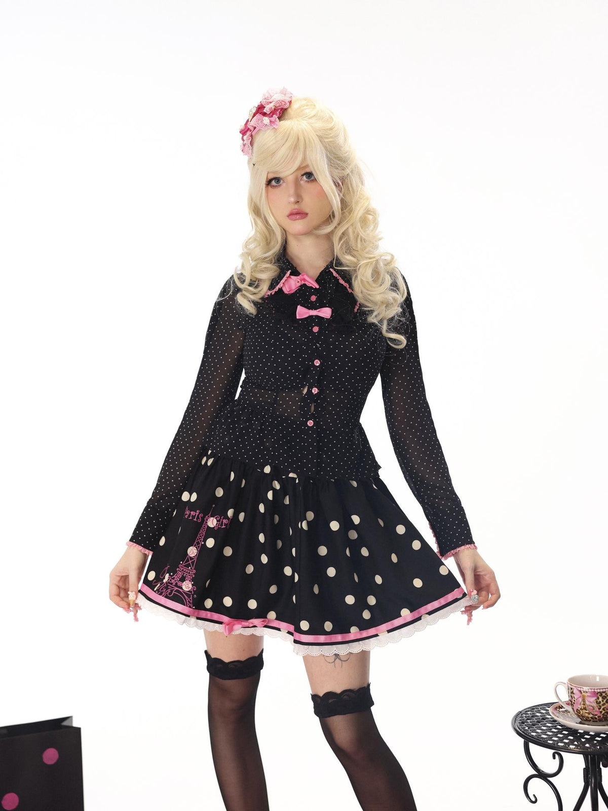 Evil Tooth Rhinestone Print Polka Dot Tiered Women&