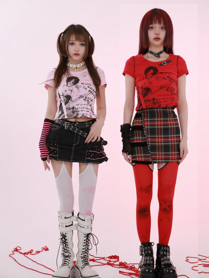 Evil Tooth Rock Girl Cartoon Print Round Neck Street Women&