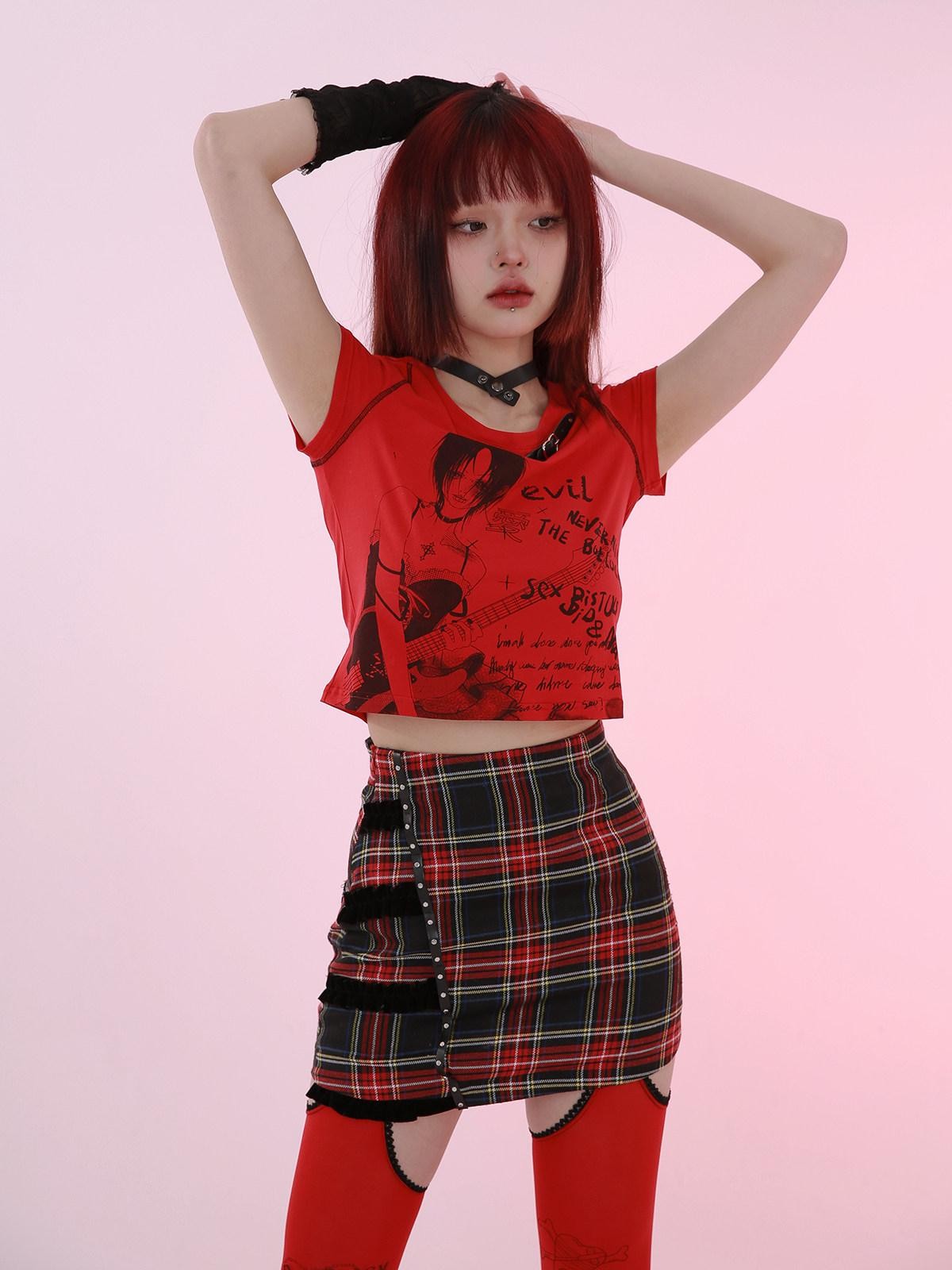 Evil Tooth Rock Girl Cartoon Print Round Neck Street Women&
