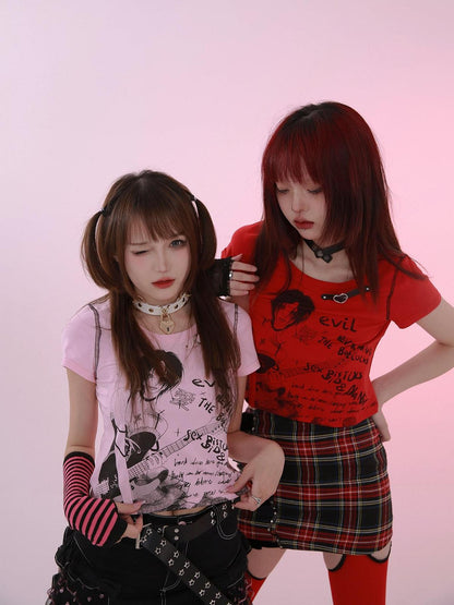 Evil Tooth Rock Girl Cartoon Print Round Neck Street Women&