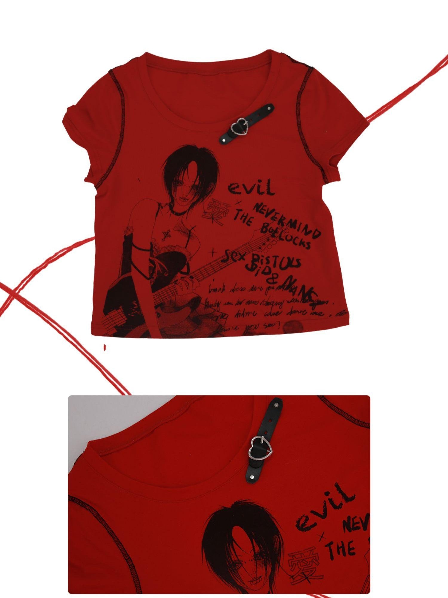 Evil Tooth Rock Girl Cartoon Print Round Neck Street Women&