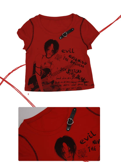 Evil Tooth Rock Girl Cartoon Print Round Neck Street Women&