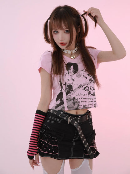 Evil Tooth Rock Girl Cartoon Print Round Neck Street Women&
