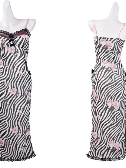 Evil Tooth Rose And Zebra Print Side Slit Bow Detail Women&