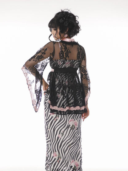 Evil Tooth Rose And Zebra Print Side Slit Bow Detail Women&