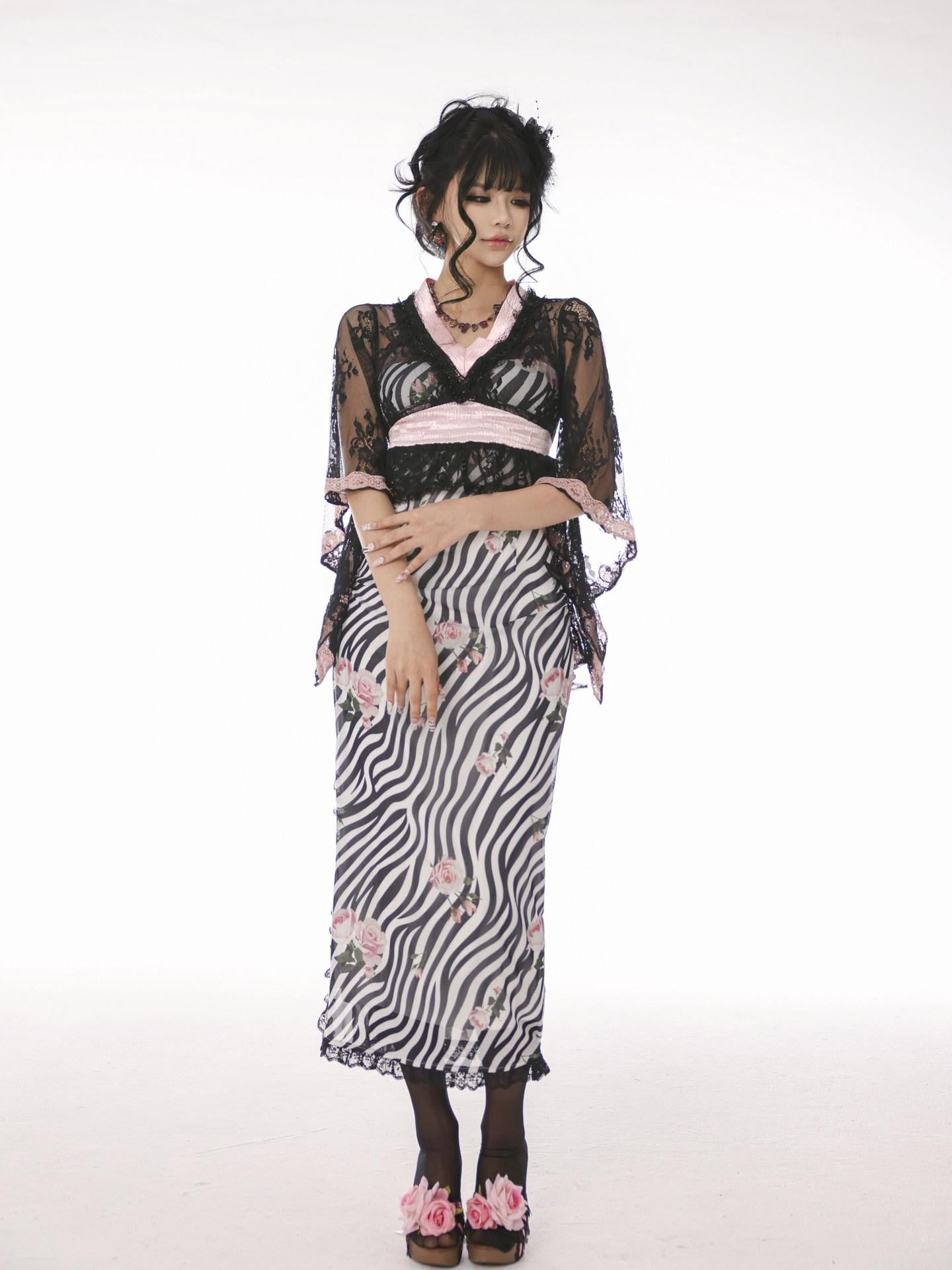 Evil Tooth Rose And Zebra Print Side Slit Bow Detail Women&