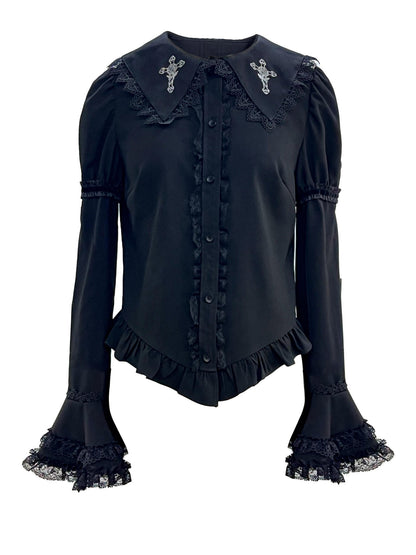 Evil Tooth Rose Cross Embroidery Gothic Lace Bell Sleeve Women&