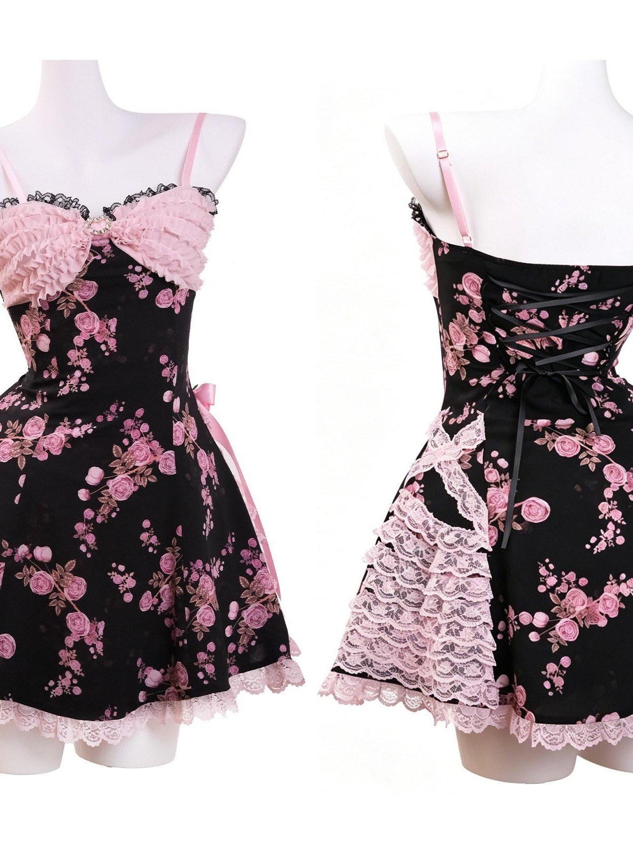 Evil Tooth Rose Heart Rhinestone Bow Ruffle Vintage Princess Women&