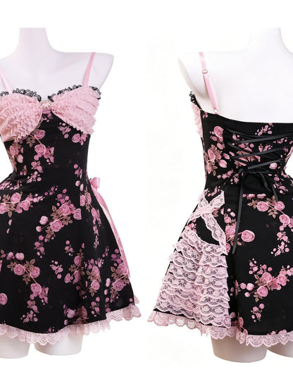 Evil Tooth Rose Heart Rhinestone Bow Ruffle Vintage Princess Women&