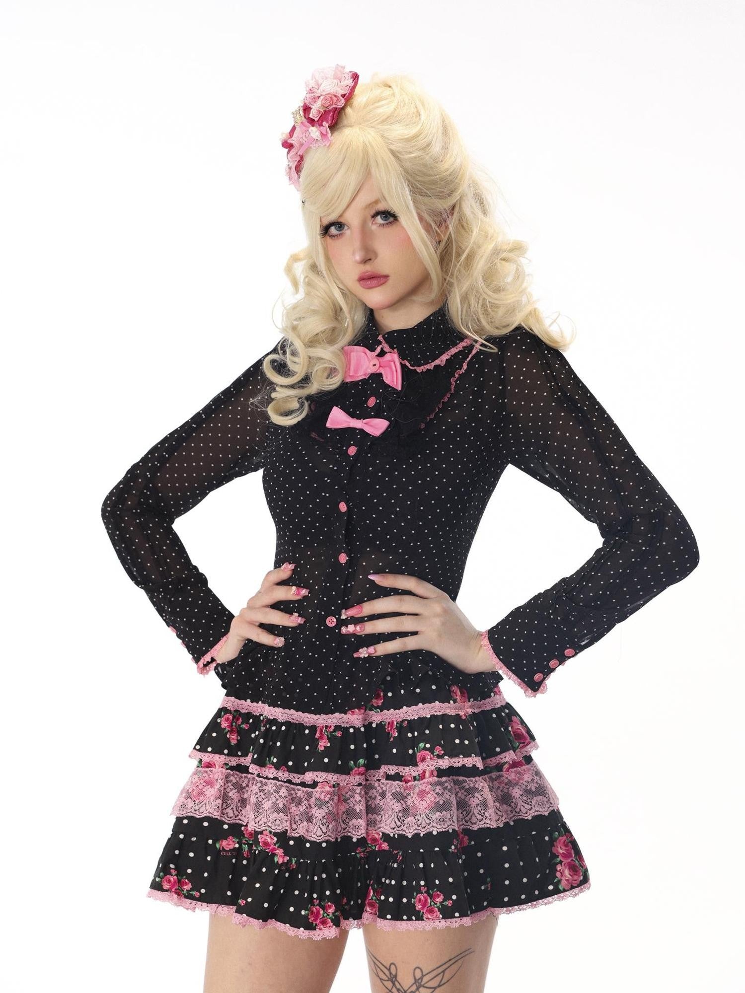 Evil Tooth Sheer Polka Dot Bow Tie Slim Fit Long Sleeve Women&