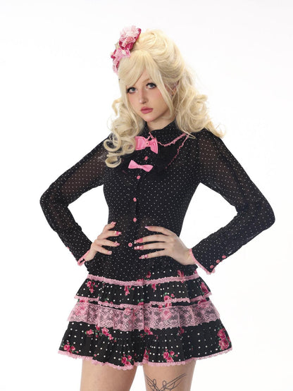 Evil Tooth Sheer Polka Dot Bow Tie Slim Fit Long Sleeve Women&
