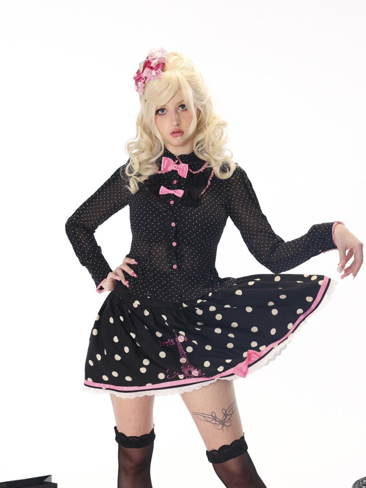 Evil Tooth Sheer Polka Dot Bow Tie Slim Fit Long Sleeve Women&