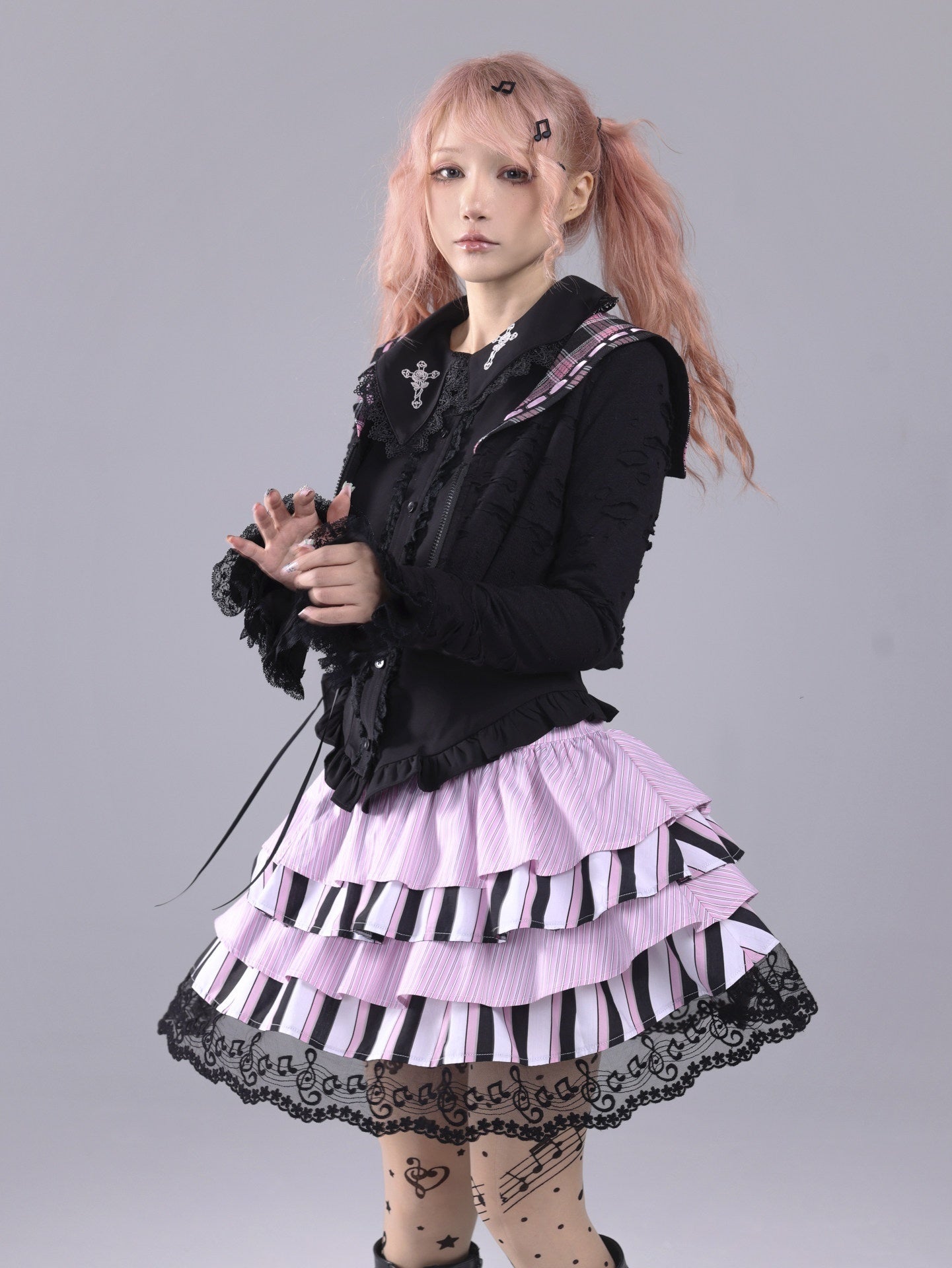 Evil_Tooth_Striped_Music_Note_Patchwork_Gathered_Puff_High_Waist_Women&