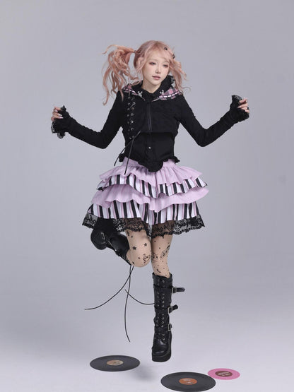 Evil Tooth Striped Music Note Patchwork Gathered Puff High Waist Women&