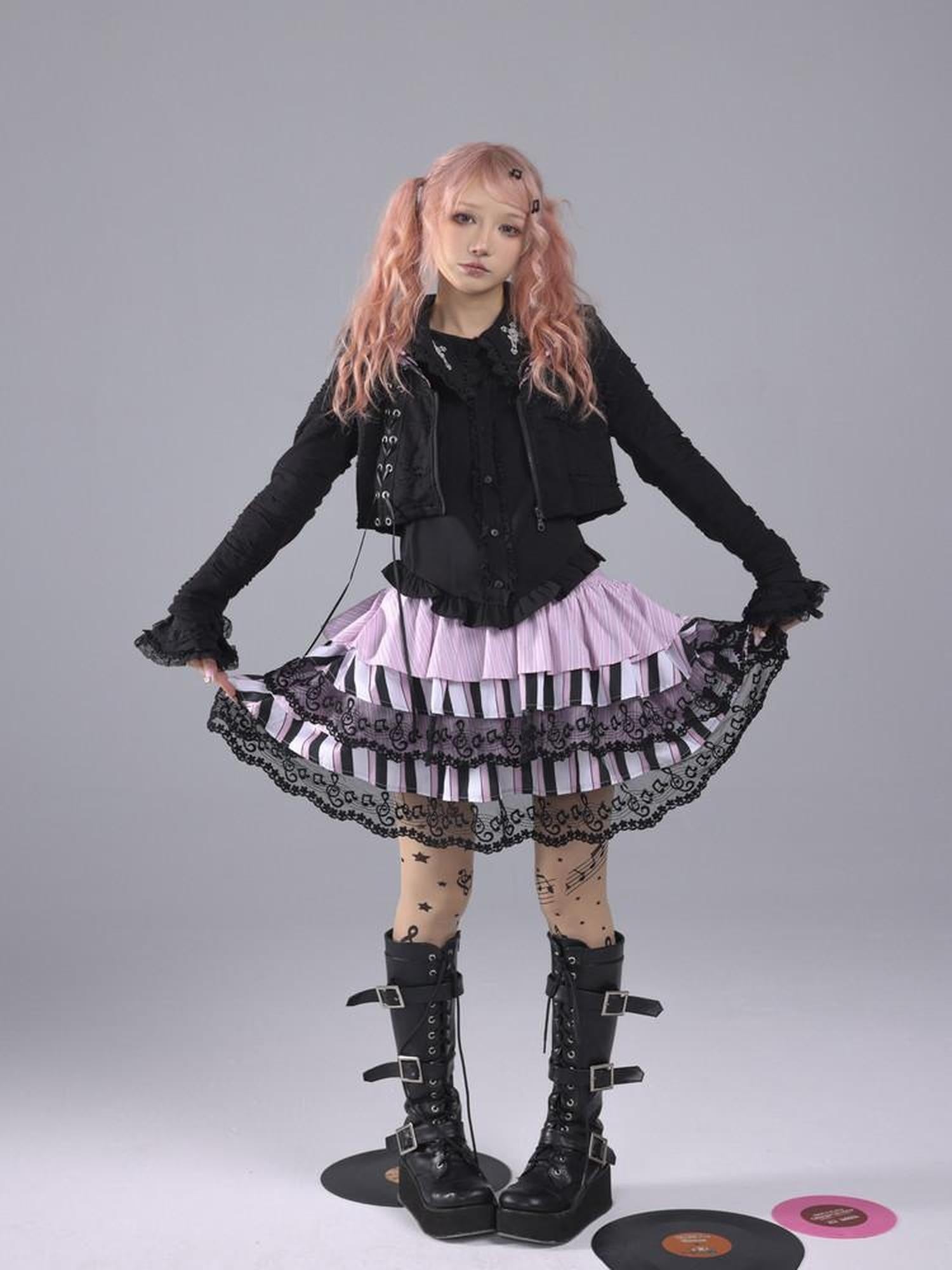 Evil Tooth Striped Music Note Patchwork Gathered Puff High Waist Women&