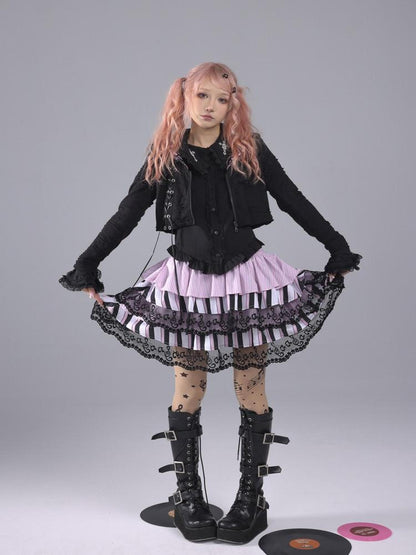 Evil Tooth Striped Music Note Patchwork Gathered Puff High Waist Women&