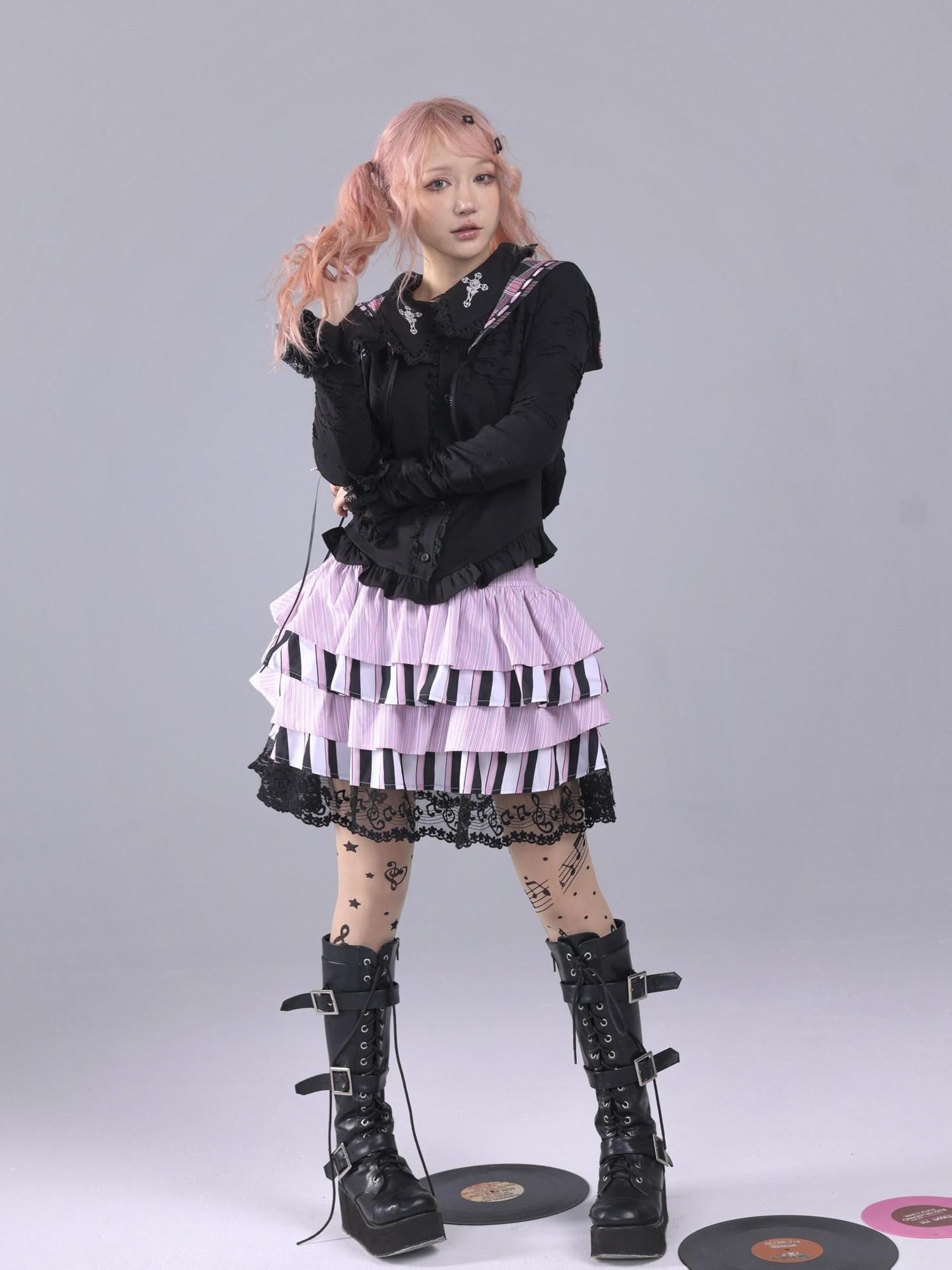 Evil Tooth Striped Music Note Patchwork Gathered Puff High Waist Women&