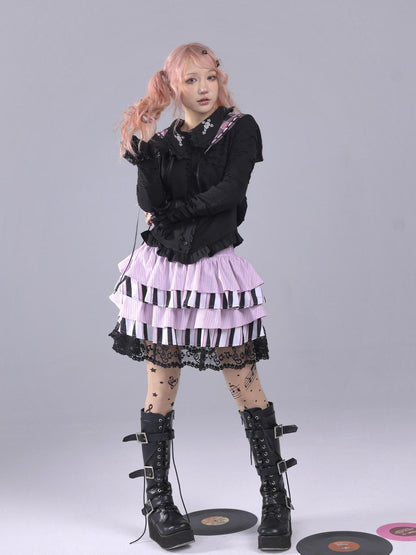 Evil Tooth Striped Music Note Patchwork Gathered Puff High Waist Women&