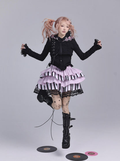 Evil Tooth Striped Music Note Patchwork Gathered Puff High Waist Women&