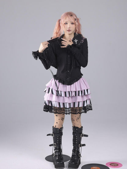 Evil Tooth Striped Music Note Patchwork Gathered Puff High Waist Women&