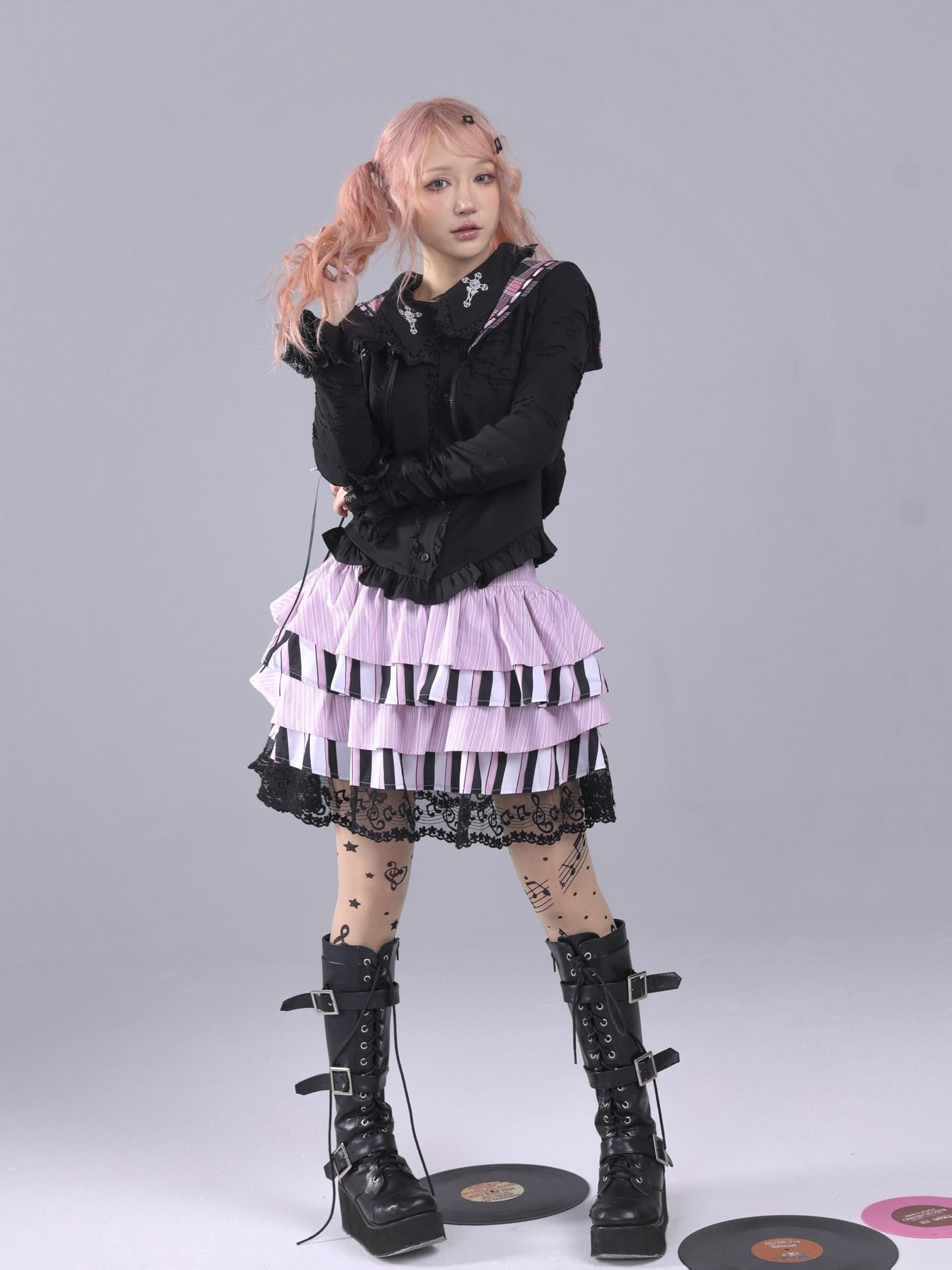 Evil Tooth Striped Music Note Patchwork Gathered Puff High Waist Women&