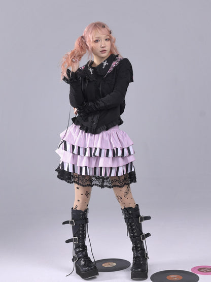 Evil Tooth Striped Music Note Patchwork Gathered Puff High Waist Women&