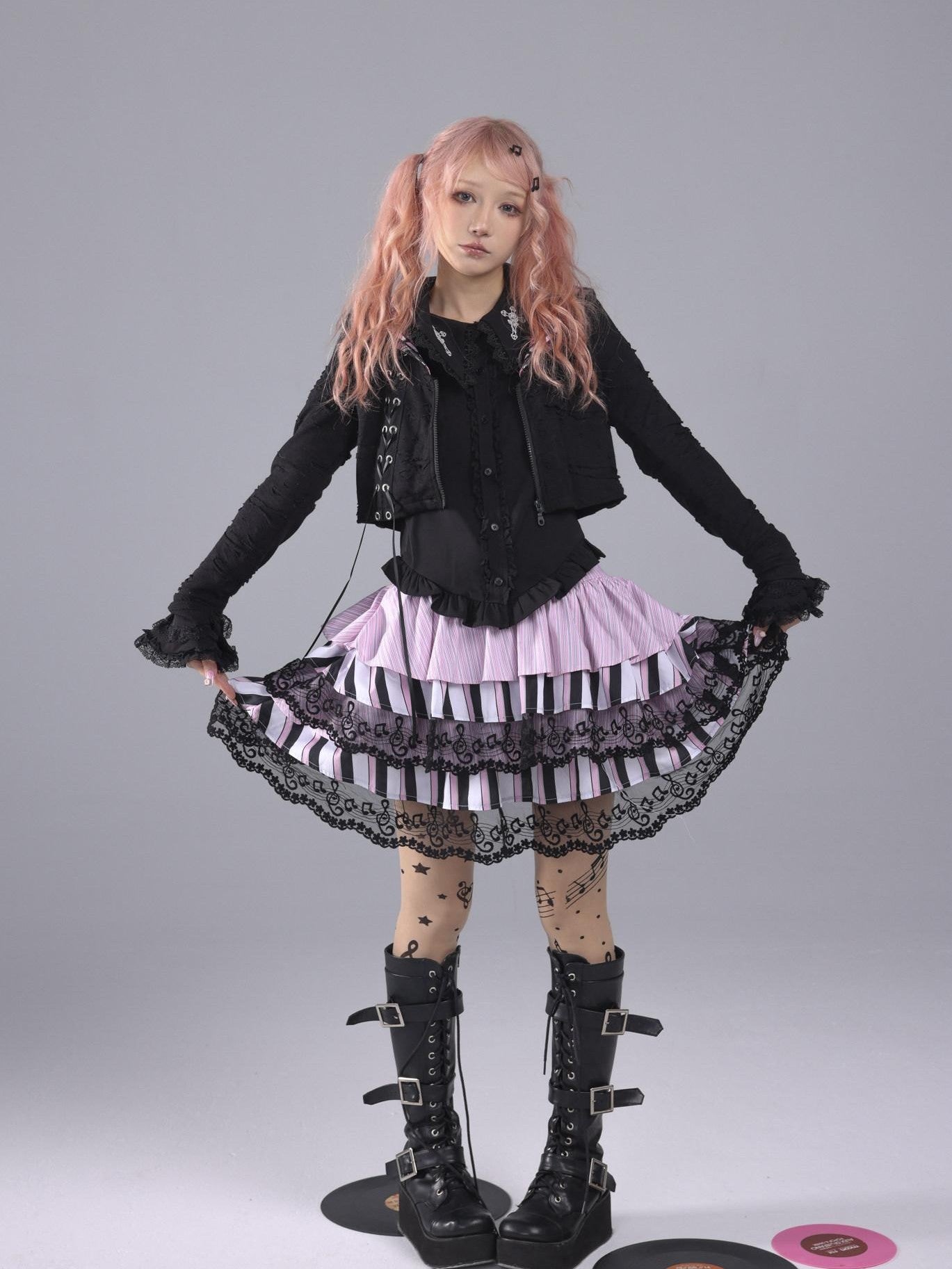 Evil Tooth Striped Music Note Patchwork Gathered Puff High Waist Women&