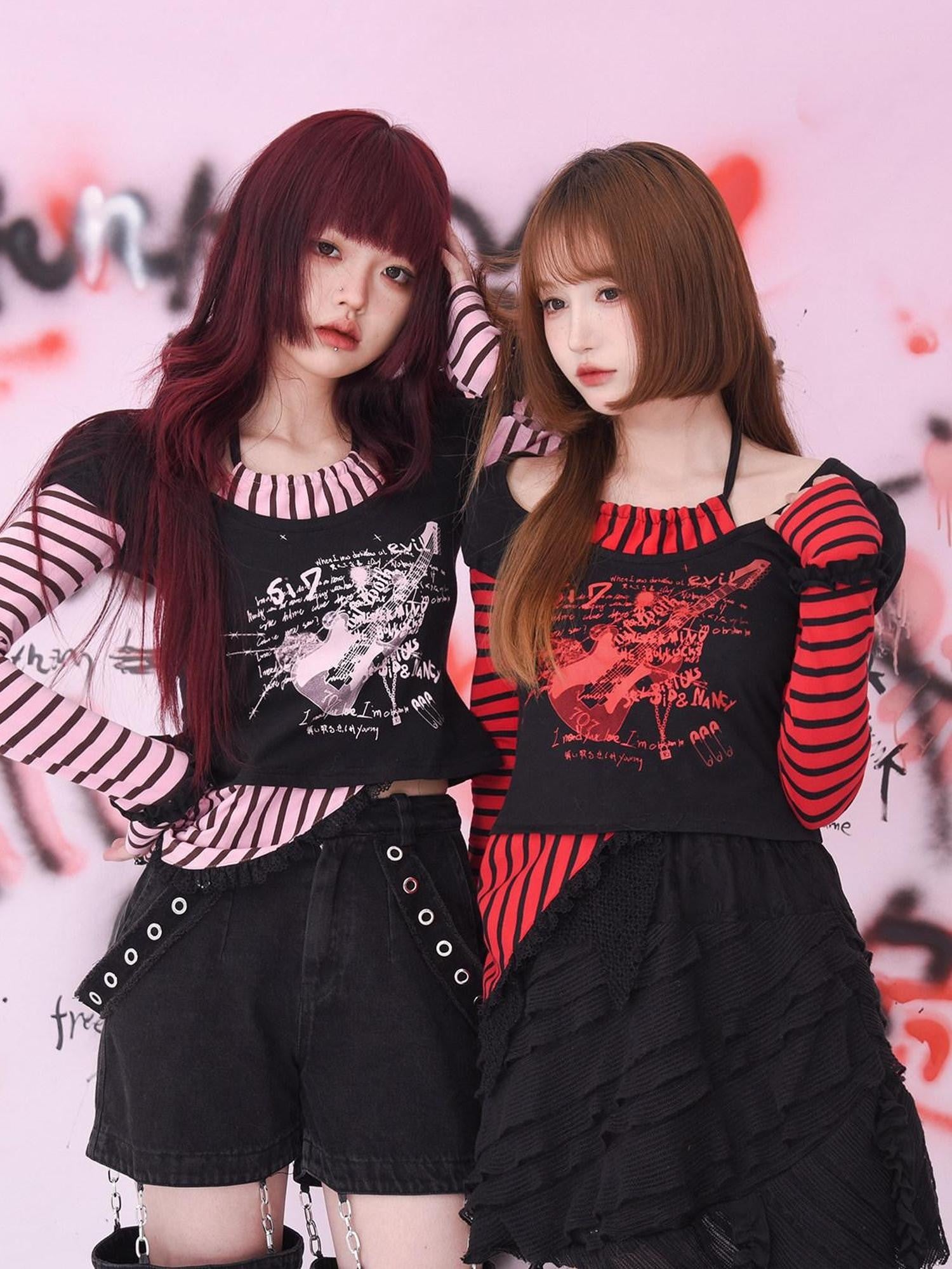 Evil Tooth Striped Patchwork Faux Two Piece Punk Print Women&